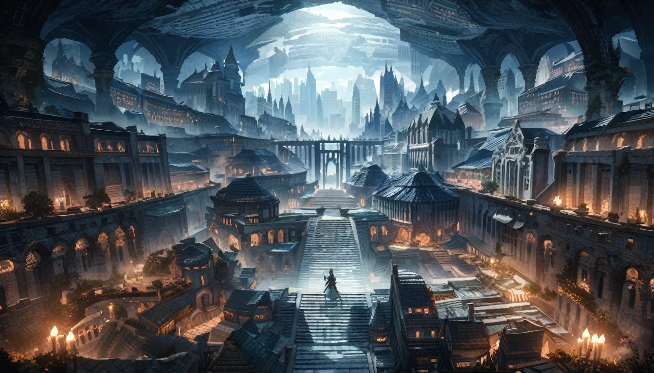 anime aestetics, anime scenery,( unerground city:2), medieval city, shining celling,( blue and grey colours: 2), mystic city, gothic architecture, multy leveled city, elden ring, dark fantasy, dnd, beautiful scenery, nokron, dim light, white candles, wide shot, from above, atmospheric perspective, perspective, highres, best quality, 8k, super detail, masterpiece
