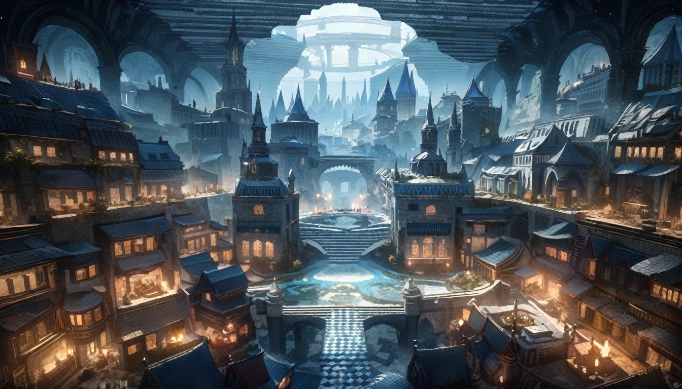 anime aestetics, anime scenery,( unerground city:2), medieval city, shining celling,( blue and grey colours: 2), mystic city, gothic architecture, multy leveled city, elden ring, dark fantasy, dnd, beautiful scenery, nokron, dim light, white candles, wide shot, from above, atmospheric perspective, perspective, highres, best quality, 8k, super detail, masterpiece