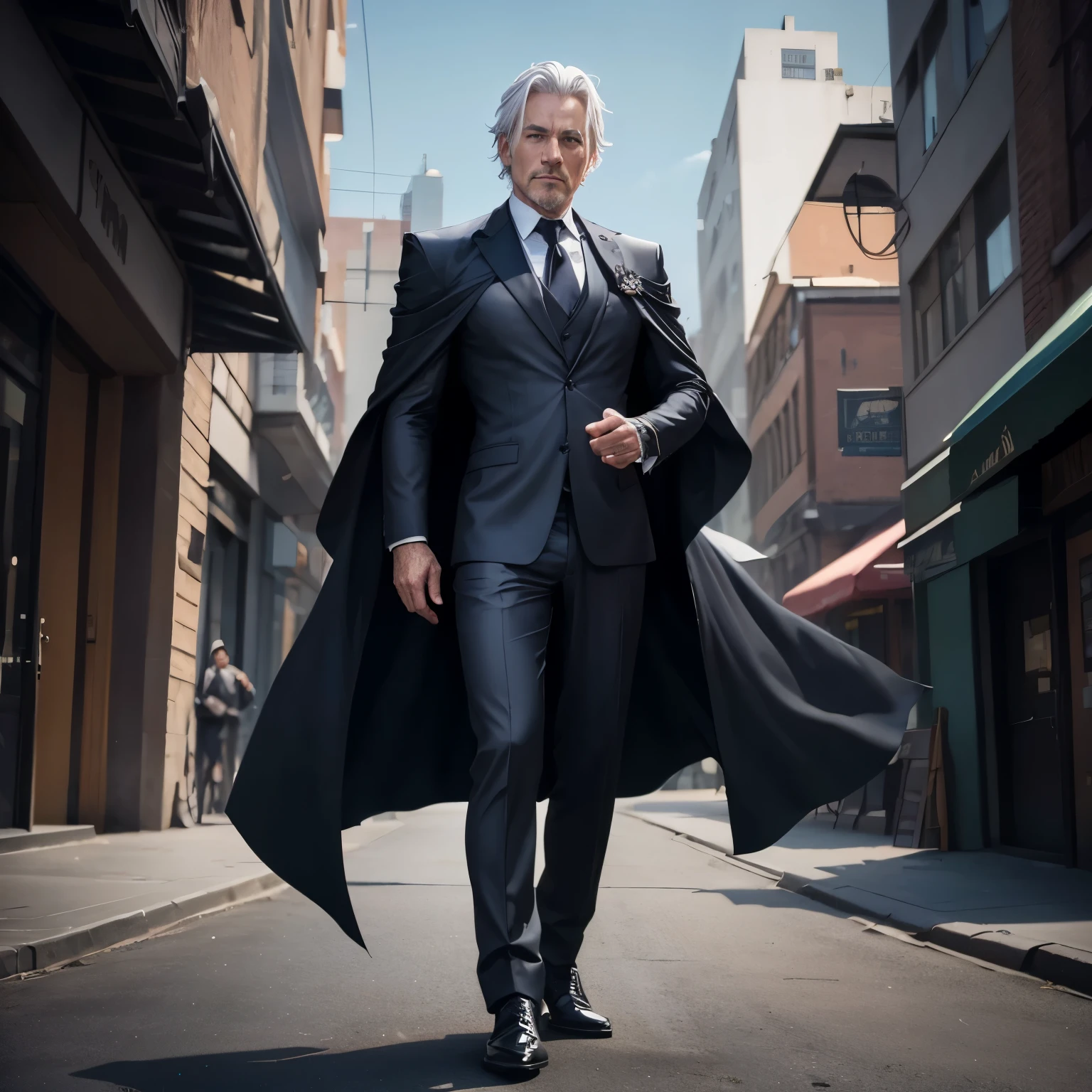 full body shot of dark mage, 45 year old man, business suit, dark cloak, old tome, silver hair, (epick pose), modern city, daylight
