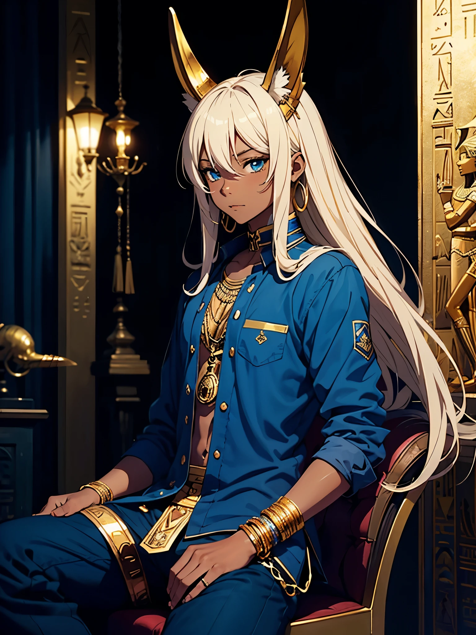 Älter. More anime style. cutie pie. アニメ! Teenage boy. Egyptian deity Anubis. Egyptian blue clothing. Blue clothes. long blond hair. Lots of gold jewelry. dark skin. Egyptian. dazzling blue eyes. mystical. divine.