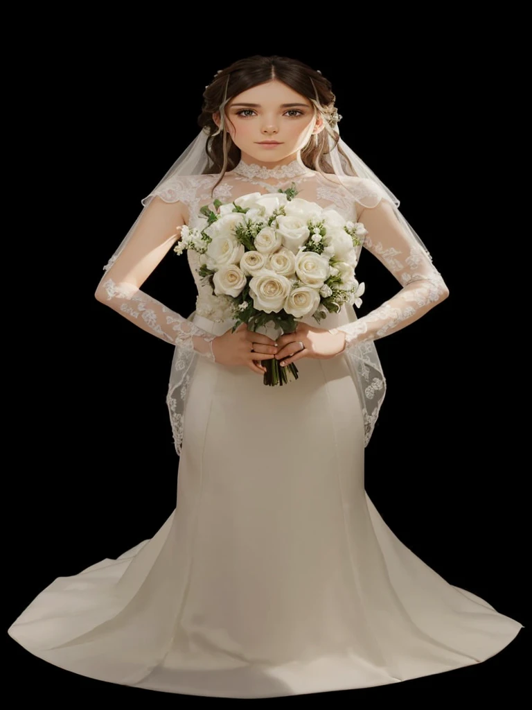 a beautiful girl, with bridal veil, and white wedding dress, with white bouquet of flowers in hand, with straight brown hair.