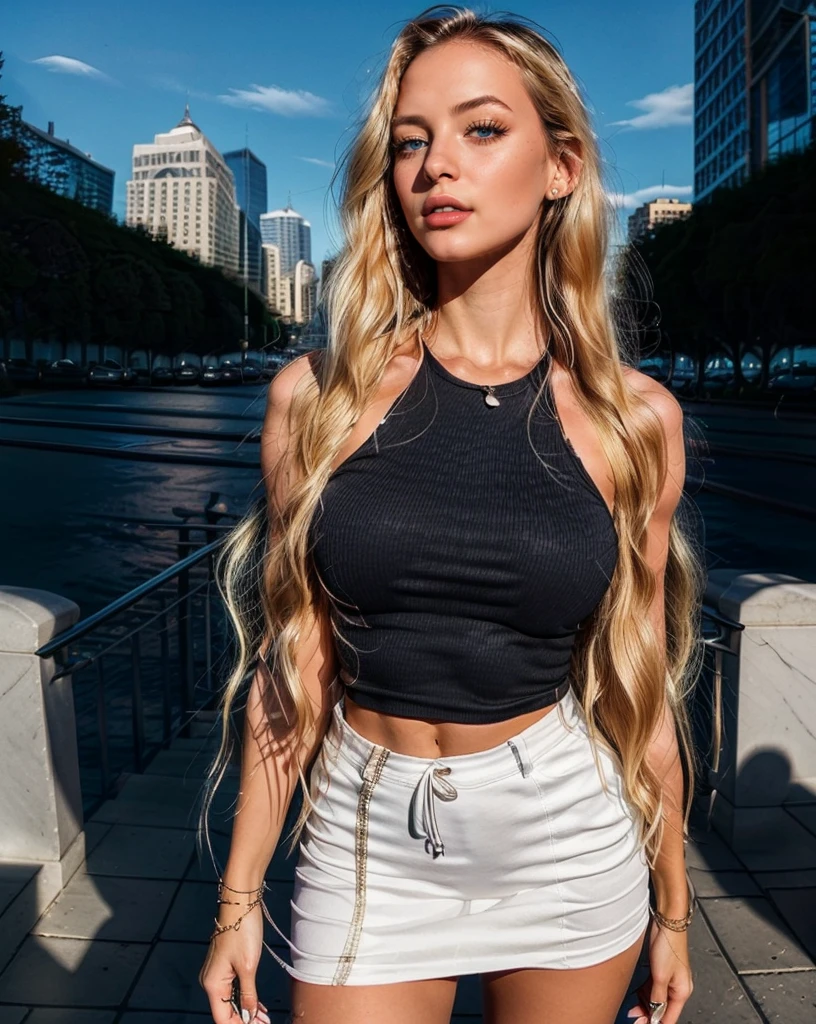 realistic white woman, Instagram influencer, Best quality, blondes, 1 girl, Blue eyes, in a black tight short dress