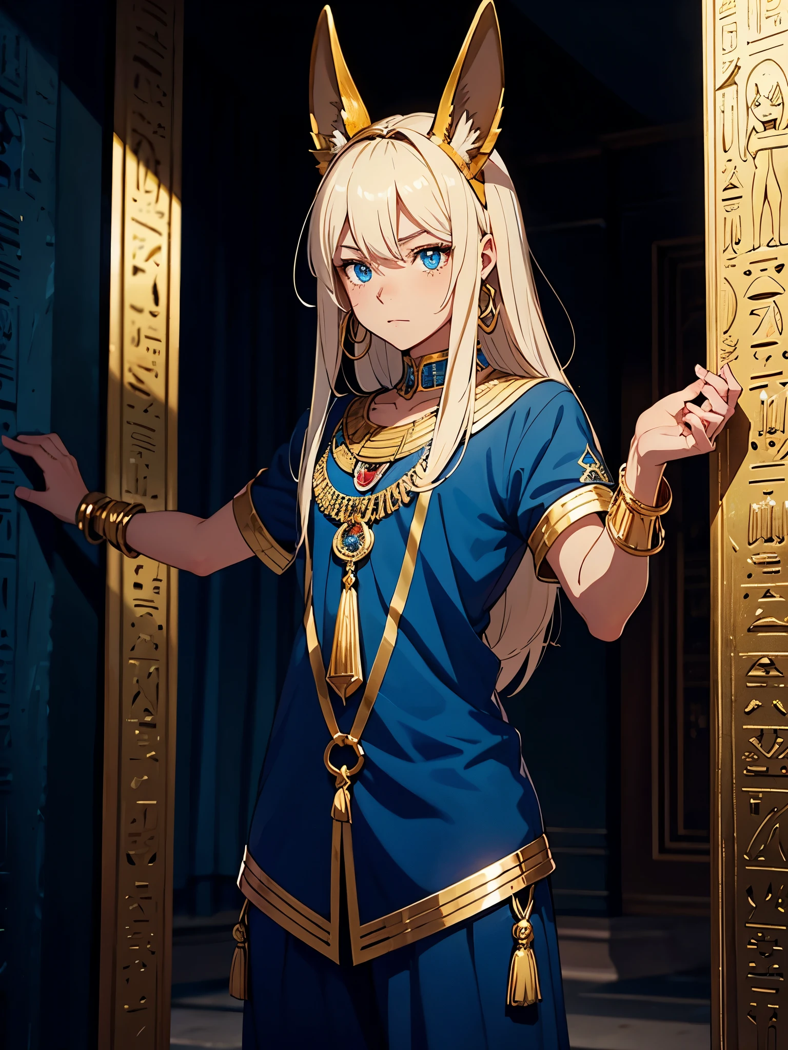 Älter. More anime style. cutie pie. アニメ! Teenage boy. Egyptian deity Anubis. Egyptian blue clothing. Blue clothes.  long blond hair. Lots of gold jewelry. dark skin. Egyptian. dazzling blue eyes. mystical. divine.