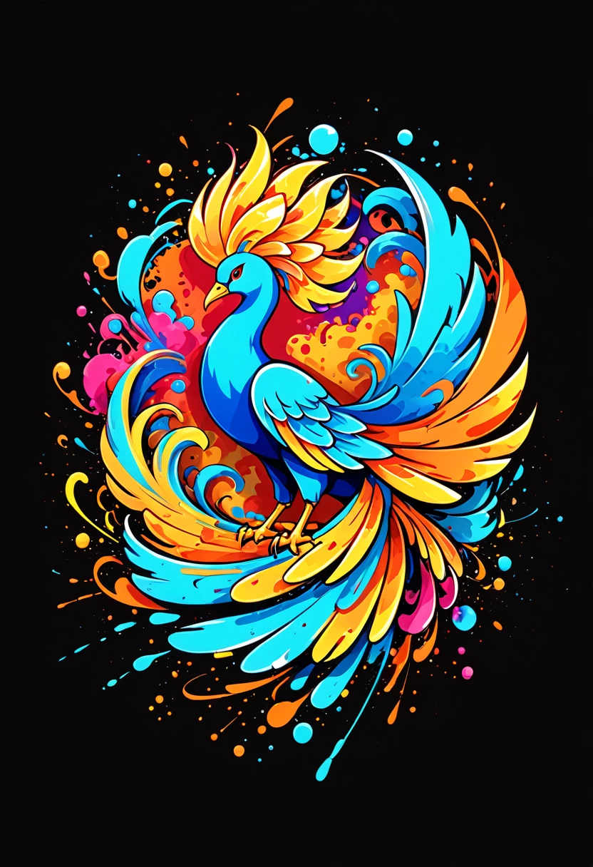 T-shirt logo with vector art, Colorful illustration with Phoenix, At the center, swirly vibrant colors，graffiti art，ink spatter，UHD quality, details in 16k, Wild and unbridled，ink wink painting，rich and colorful，visual impact,modern aesthetic,Elegant and simple, black backdrop