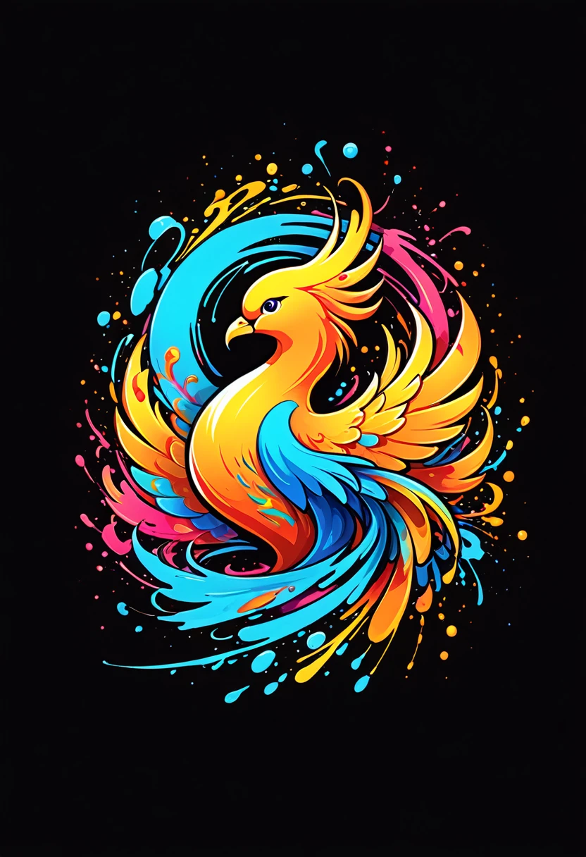 T-shirt logo with vector art, Colorful illustration with Phoenix, At the center, swirly vibrant colors,graffiti art,ink spatter,UHD quality, details in 16k, Wild and unbridled,ink wink painting,rich and colorful,visual impact,modern aesthetic,Elegant and simple, black backdrop