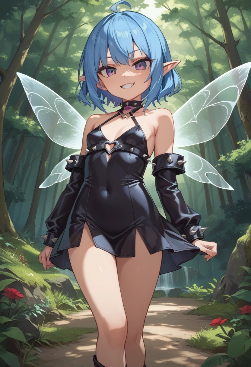 score_9, score_8_up, score_7_up, best quality, masterpiece, 4k, prefect lighting, very aesthetic, source_anime, forest background, (Dynamic Angle), 1girl, fairy, bratty, small breasts, electric blue hair, violet eyes, smug expression, translucent wings, edgy and fashionable attire, bold colors, leather accents, and spiked jewelry.