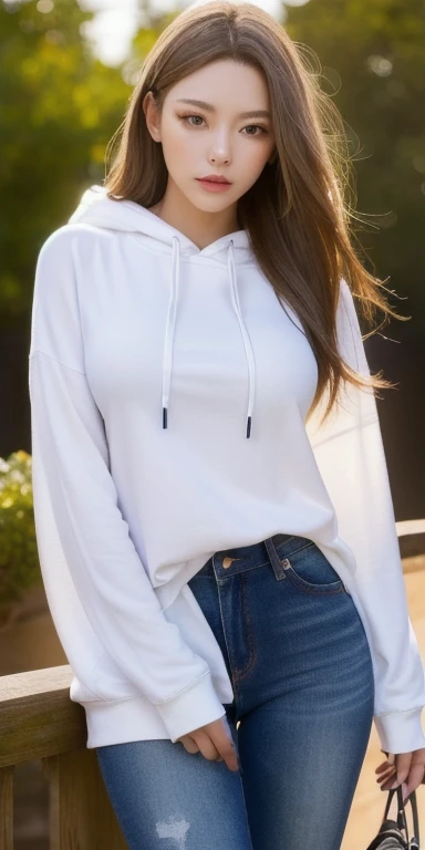 (masterpiece:1.2, Highest quality), (Beautiful, detailed eyes: 1.2), alone focus, (Highly detailed CG Unity 8k wallpaper, masterpiece, Highest quality, Super detailed, Best Shadow), (Detailed Background), (Beautifully detailed face, Beautiful attention to detail) , One girl, Nuna, One girl, alone, Large Breasts, Oversized hoodie, jeans, White shirt, carrying a handbag, High Contrast, Beautiful and sexy woman, Adult, (Best lighting, Very delicate and beautiful),(Simple Background, Outdoor), View your viewers,Beautiful sparkle,