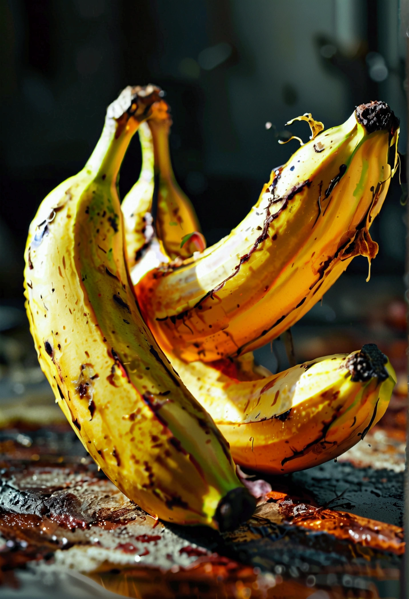highly detailed, extremely realistic, hyperrealistic, 4k, octane render, physically-based rendering, dramatic lighting, banana, rotten, decaying, mushy, bruised, discolored, moldy, peeling skin, dramatic shadows, moody atmosphere, dark and grungy, cinematic composition, moody lighting