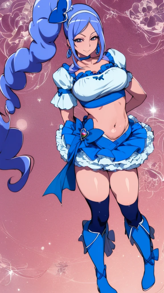 masterpiece, Highest quality, Show Viewer, , (belly button出し:1.2),,smile,arms behind back,big breasts
One Girl, (Cure Berry:1.1), Pretty Cure, Wrist cuff, Blue Skirt, Side Ponytail, Blue Boots, gem, hair band, Navy Knee Socks, belly button, Blue Ribbon,