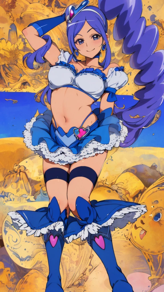 masterpiece, Highest quality, Show Viewer, , (belly button出し:1.2),,smile,arms behind back,big breasts
One Girl, (Cure Berry:1.1), Pretty Cure, Wrist cuff, Blue Skirt, Side Ponytail, Blue Boots, gem, hair band, Navy Knee Socks, belly button, Blue Ribbon,