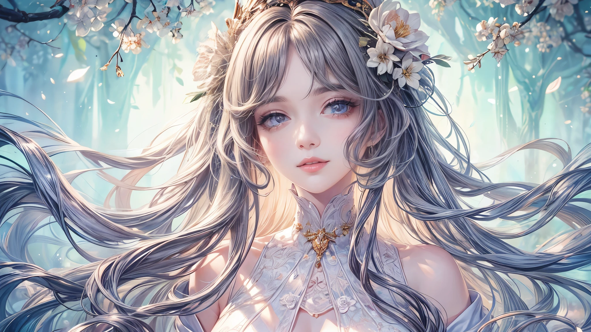 (best quality,8K,CG),detailed upper body, girl,floral forest background,complex facial features,elegant long curly hair,almond-shaped big eyes,detailed eye makeup,long eyelashes,twinkling stars,exquisite lip details,soft and harmonious style.