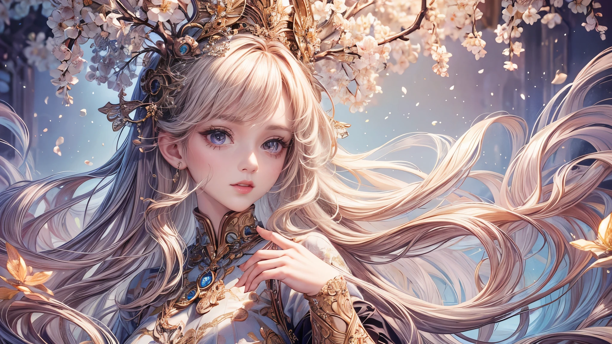 (best quality,8K,CG),detailed upper body, girl,floral forest background,complex facial features,elegant long curly hair,almond-shaped big eyes,detailed eye makeup,long eyelashes,twinkling stars,exquisite lip details,soft and harmonious style.