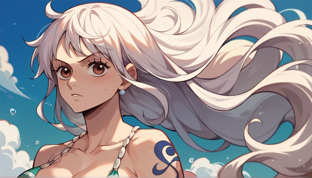 Nami one piece, long white hair, slanted and white eyes, whole body