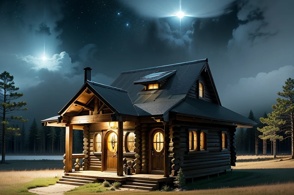 incredible amazing awesome futuiristic sci fi log cabin home , amazing lighting, varying styles, exterior shot taken in forest, amazing shapes
