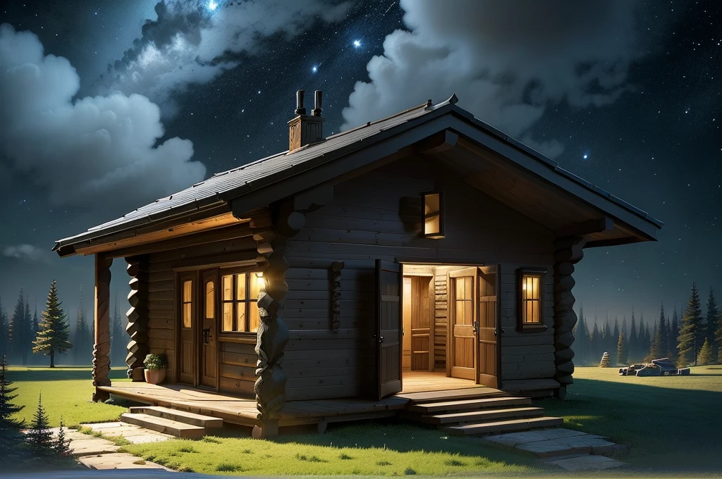 incredible amazing awesome futuiristic sci fi log cabin home , amazing lighting, varying styles, exterior shot taken in forest, amazing shapes
