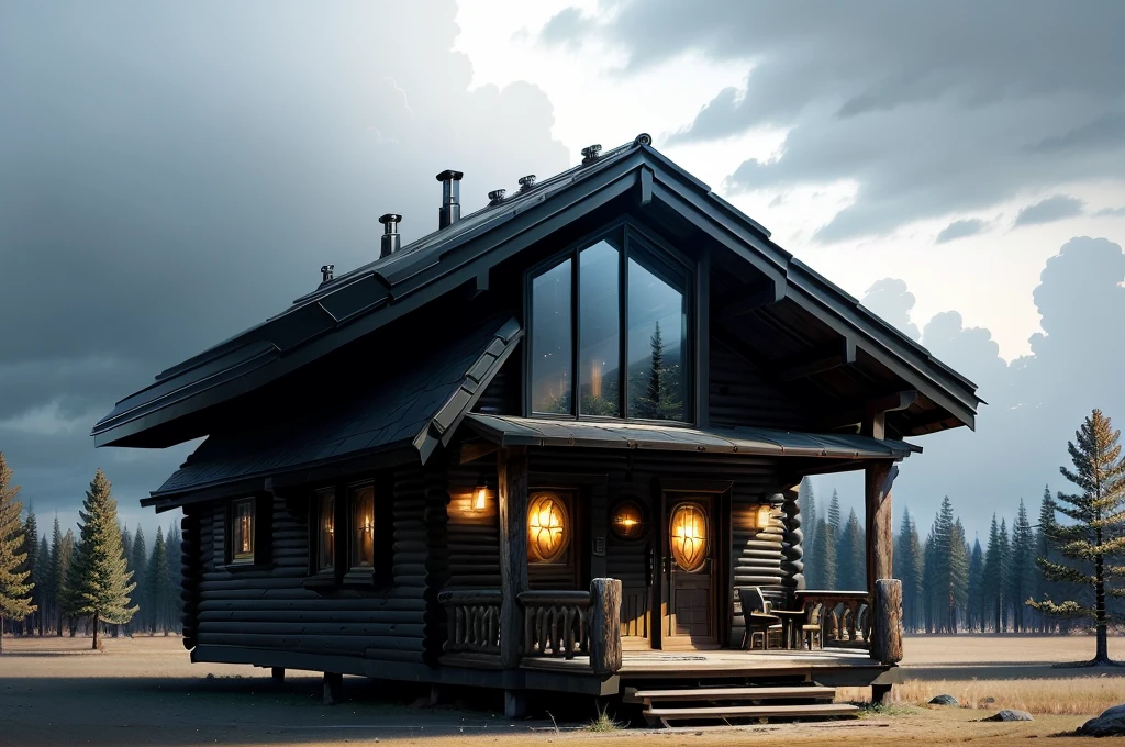 incredible amazing awesome futuiristic sci fi log cabin home , amazing lighting, varying styles, exterior shot taken in forest, amazing shapes
