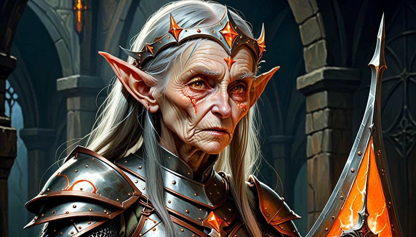 Highly detailed, UHD, 32k, medieval fantasy,heavy metal magazine cover, oil on canvas. An elderly female elf heroin wounded, agonizing face, she is clad in an armor made out of a blackish metal with an orange glint, and she is holding a spear made out of a blackish metal with an orange glint