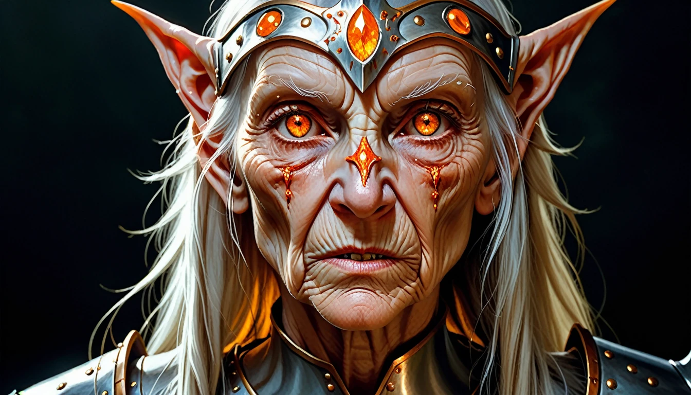 Highly detailed, UHD, 32k, medieval fantasy,heavy metal magazine cover, oil on canvas. An elderly female elf heroin wounded, agonizing face, she is clad in an armor made out of a blackish metal with an orange glint, and she is holding a spear made out of a blackish metal with an orange glint