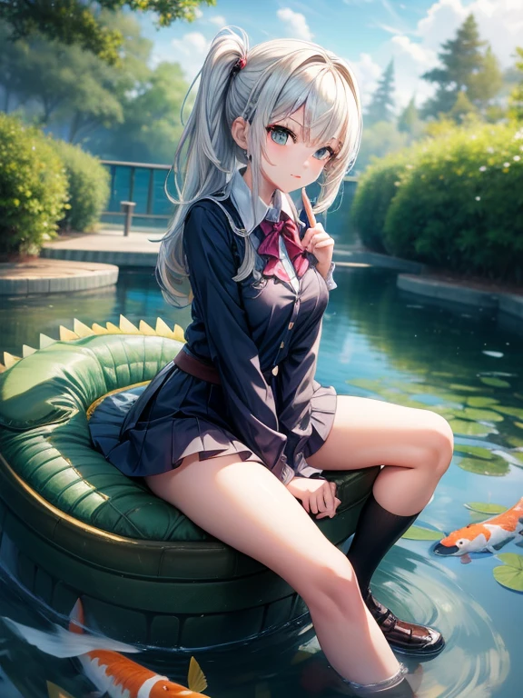 Anime girl sitting on a l crocodile in a pond , Put your index finger on the water, koi
