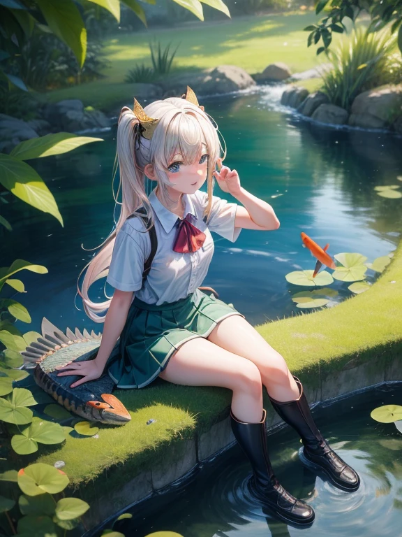 Anime girl sitting on a l crocodile in a pond , Put your index finger on the water, koi