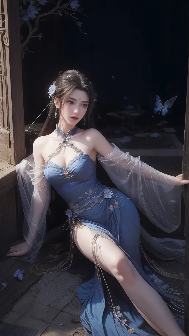 A beautiful woman with perfect curves wearing a long blue dress that gently flutters in the air,The beautiful woman was lie down in a sea of beautiful flowers surrounding her, Chinese traditional, her flexible body increasing with every movement, So enchanting, the dim candlelight, the glowing butterflies fighting the darkness of the night, the light of the moon, The night wind blowing the curtains, the blue flower petals , flower petals flying around the room, Chinese dancing, This woman is so beautiful that she attracts everyone who watches her, ancient China, imperial empress