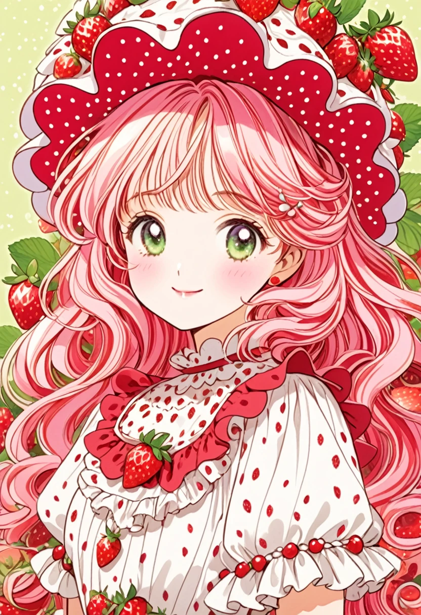 ""Create a detailed close-up artwork of an mature girl styled like Strawberry Shortcake. She should have bright, playful hair styled in loose curls, with a signature fruit-themed hat or hair accessory. Her dress should be colorful and charming, featuring a pattern of strawberries or other fruit motifs, with ruffled details and a full skirt. Her expression should be cheerful and sweet, capturing a sense of fun and whimsy. The background can be softly blurred or include hints of a vibrant, fruit-themed setting, complementing her delightful appearance."
