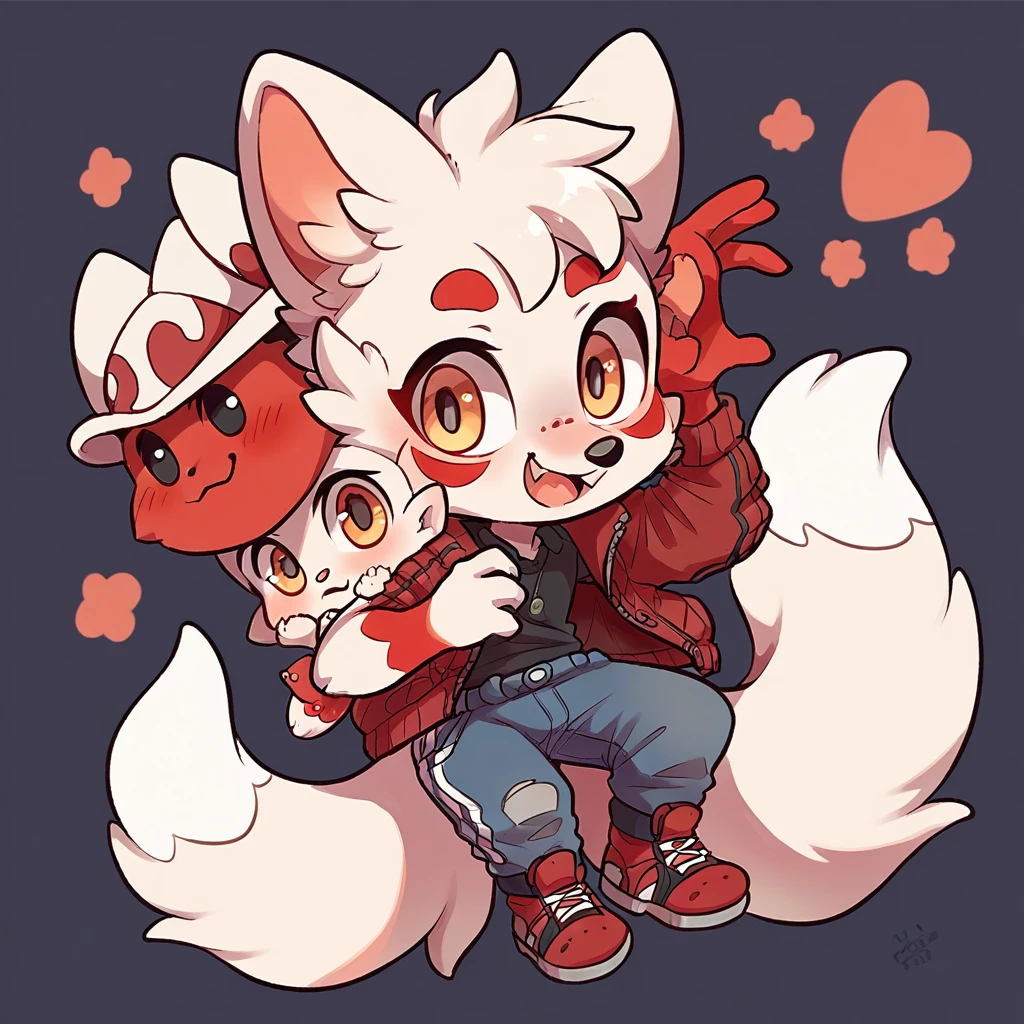little fox, boy, white fur, red details on face, red details on body, 9 tails, chibi, cute, white tails with red tips