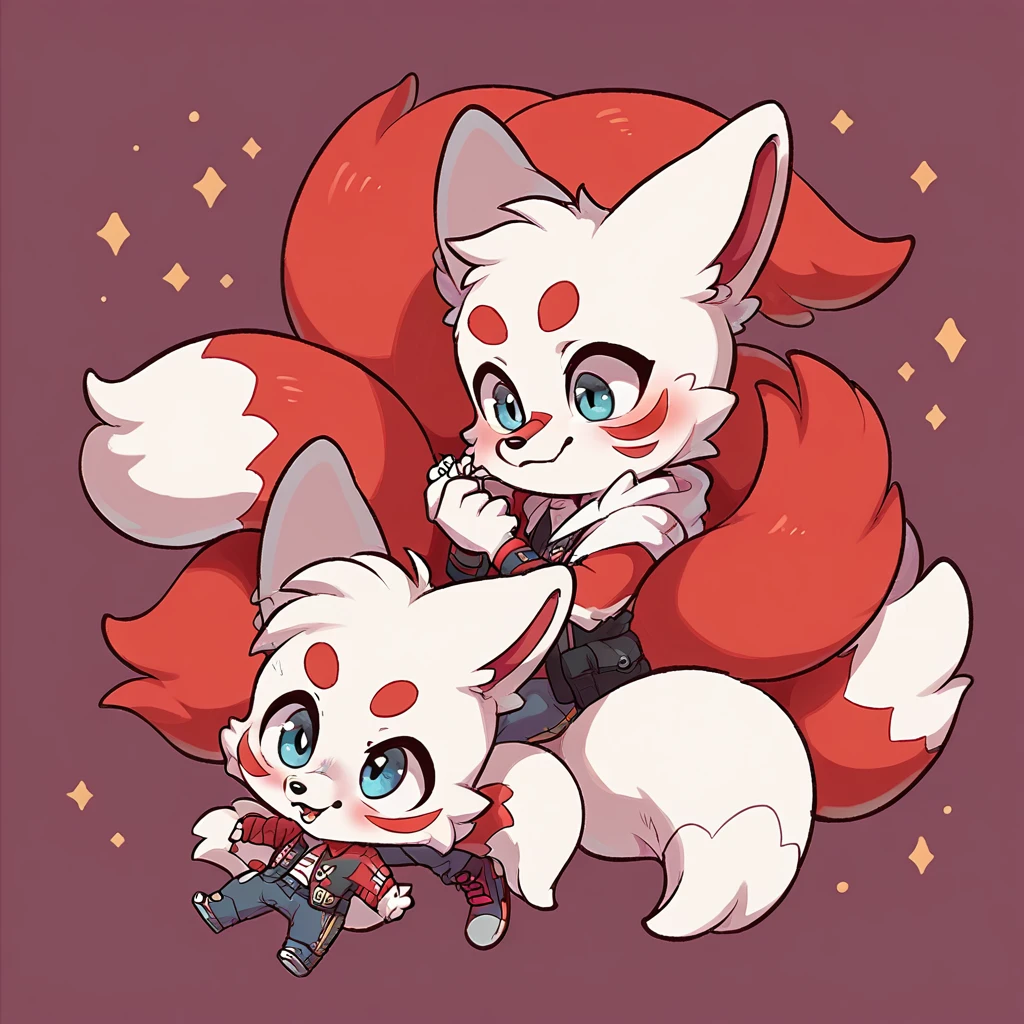 little fox, boy, white fur, red details on face, red details on body, 9 tails, chibi, cute, white tails with red tips