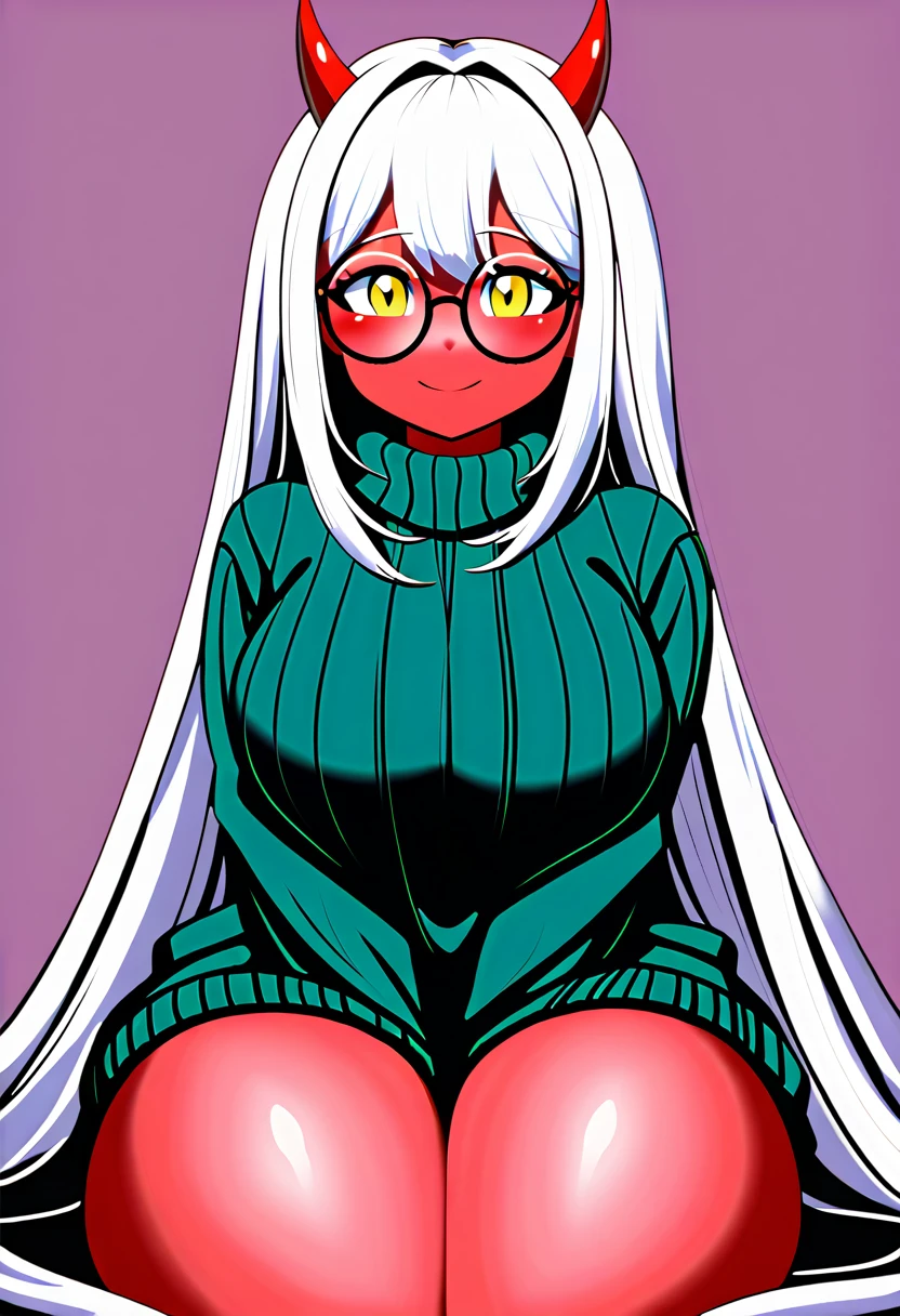 detailed illustration, (front view), (side view),dynamic angle, ultra-detailed, illustration, clean line art, shading, anime, detailed eyes, detailed face, beautiful face, dramatic lighting, detailed illustration, dynamic angle, ultra-detailed, illustration, (single woman: 1.8), masterpiece, masterwork, beautiful, (1 woman:1.8),
Succubus woman, young, timid, only wearing an oversized sweater, red skin, pinkish white hair, big round wire frame glasses, knitted ribbed sweater, sleeves too long, sweater goes down to knees, large chest, large thighs, massive hips, massive thighs, sitting on her knees, hands between her legs, long demon tail, pointy red ears, yellow cat eyes, long white hair, plump, smiling, breasts squeezed together,