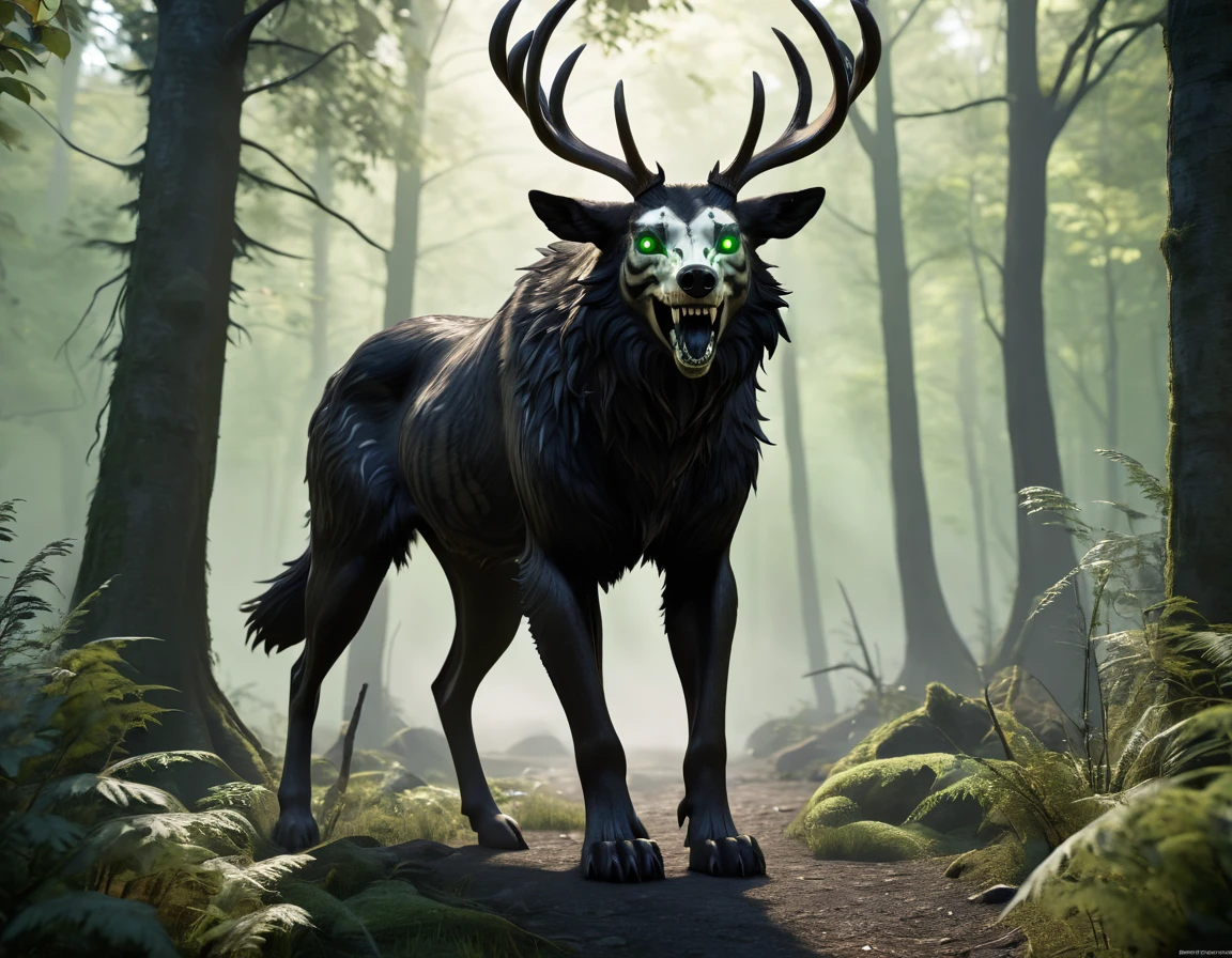 full body portrait of scary big black beast, feral, long legs, four legged, wolf tiger deer bear skull face, goat horns, antlers, deer, tiger, wolf, wendigo, bear, hybrid with beryl green eyes, black smoke off body, beryl green smoke from mouth, dark mysterious forest scenery, fantasy, dark fantasy, full body, cinematic, render, 8k, unreal engine, realistic, masterpiece, high detail, full body, low life, volumetric lighting