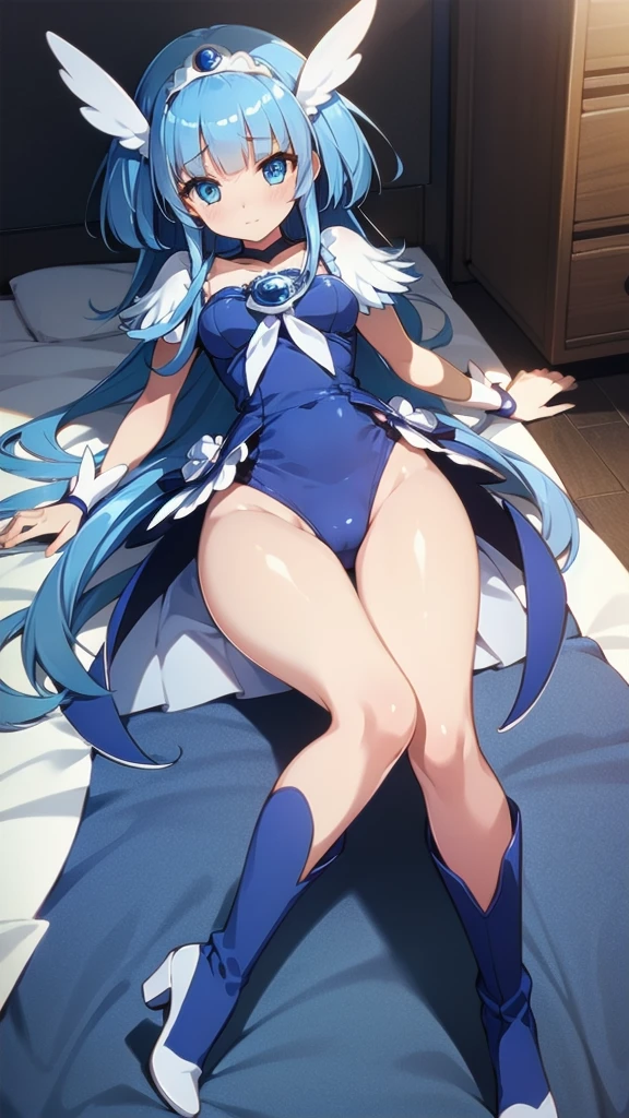 (Very detailed CG), (highest quality), 1 girl, perfect face,  cure beauty，shiny skin, Glossy skin, wide hips,tight waist,leotard，bangs,blue eyes,heel boots，Thighhighs，elbow bag,1 girl, long hair, lying on the bed, indoor,