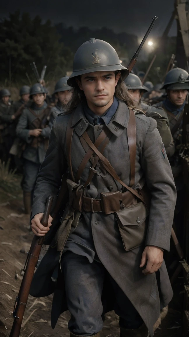 (masterpiece), best quality, expressive eyes, perfect face, All quiet on western Front, man, trenches, dirty, uniform, realistic, HD, Rifle, Orlando Bloom, big bag, French army, regiment, France, defending position, pov, Far view, shot, shooting, fighting, aiming gun, rains, battlefield, waiting, nighttime