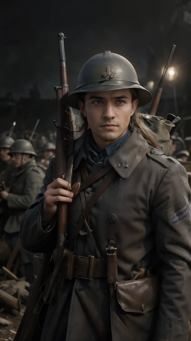 (masterpiece), best quality, expressive eyes, perfect face, All quiet on western Front, man, trenches, dirty, uniform, realistic, HD, Rifle, Orlando Bloom, big bag, French army, regiment, France, defending position, pov, Far view, shot, shooting, fighting, aiming gun, rains, battlefield, waiting, nighttime