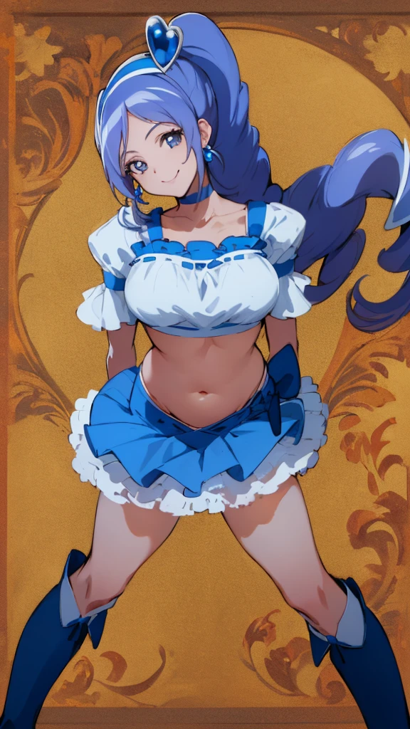 masterpiece, Highest quality, Show Viewer, , (belly button出し:1.2),,smile,arms behind back,big breasts
One Girl, (Cure Berry:1.1), Pretty Cure, Wrist cuff, Blue Skirt, Side Ponytail, Blue Boots, gem, hair band, Navy Knee Socks, belly button, Blue Ribbon,