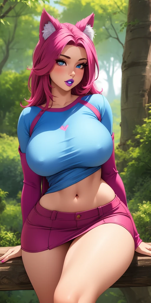 Big Breasts, 1girl, ((magenta hair)) ((wolf girl)) light blue eyes, has an extremely sexy body, with full breasts and thin waist, and an extremely sexy body, HIP HOP long sleeve t-shirt, short denim skirt fabric delicate, has a bold appearance. young, quality, realistic, best quality, cute expression, blue lipstick lips, parted lips, leaning, In the forest, wooden tree house