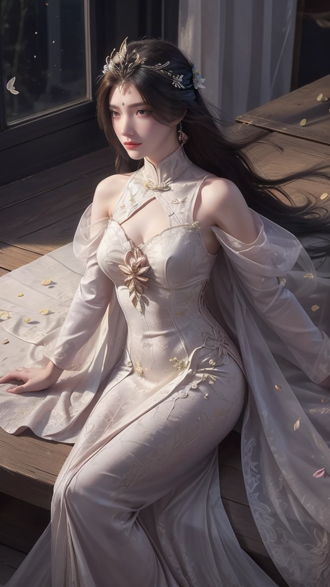 A beautiful woman with perfect curves wearing a long dress that gently flutters in the air,The beautiful woman was lie down in a sea of beautiful flowers surrounding her, Chinese traditional, her flexible body increasing with every movement, So enchanting, the dim candlelight, the glowing butterflies fighting the darkness of the night, the light of the moon, The night wind blowing the curtains, the pink flower petals , flower petals flying around the room, Chinese dancing, This woman is so beautiful that she attracts everyone who watches her, ancient China, imperial empress 