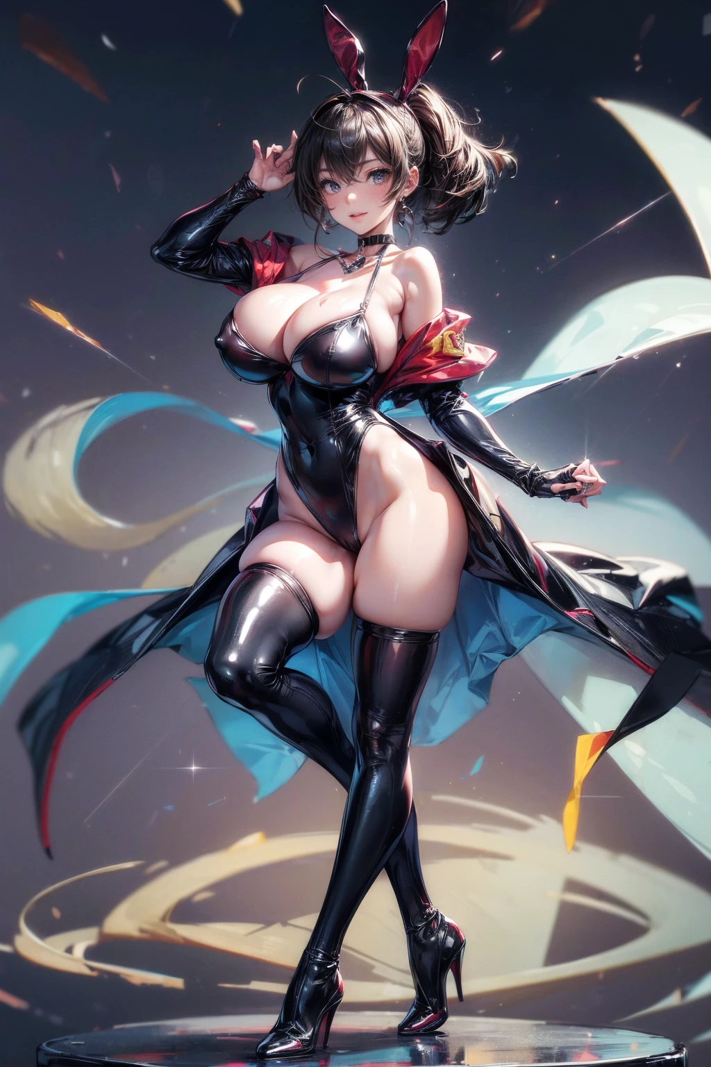 (Super big breasts:1.5)、Abusive smile、Dynamic and lively pose、Stomp on the viewer with your heels、（Heel super up close:2）、Enamel high leg bunny suit、Plain black stockings、Enameled knee-high socks、Enamel Long Gloves、Ultra glossy、Shiny skin、Detailed picture、girl、25-year-old woman、Crotch line、Erect nipples、holding the whip with both hands、choker