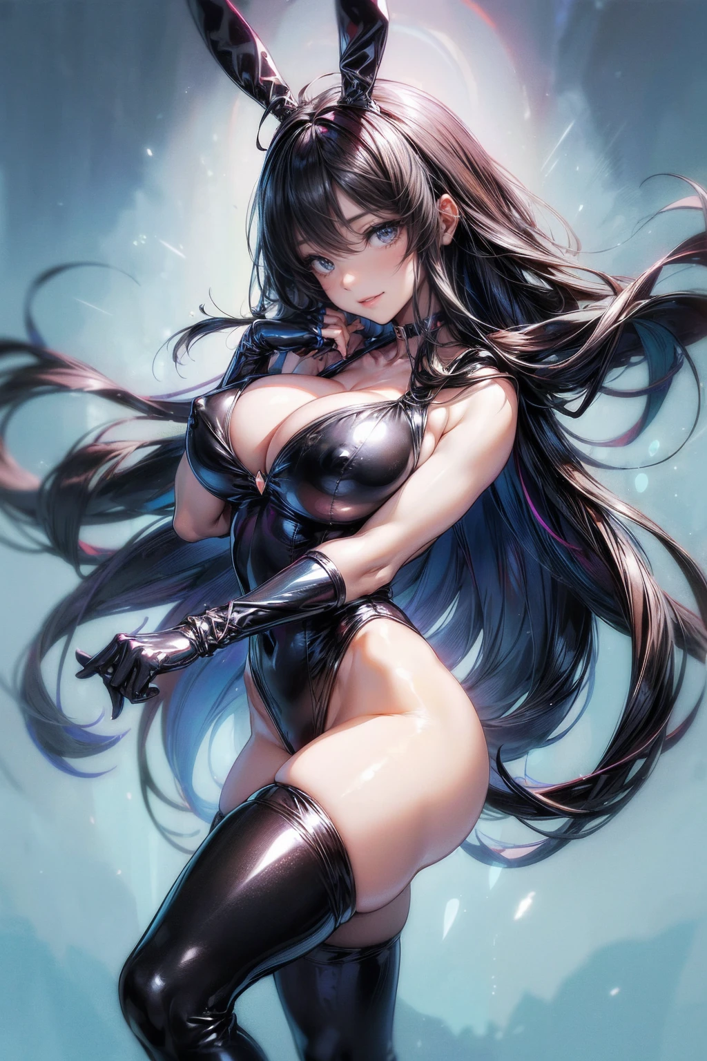 (Super big breasts:1.5)、Abusive smile、Dynamic and lively pose、Stomp on the viewer with your heels、(Heel super up close:2)、Enamel high leg bunny suit、Plain black stockings、Enameled knee-high socks、Enamel Long Gloves、Ultra glossy、Shiny skin、Detailed picture、girl、25-year-old woman、Crotch line、Erect nipples、holding the whip with both hands、choker