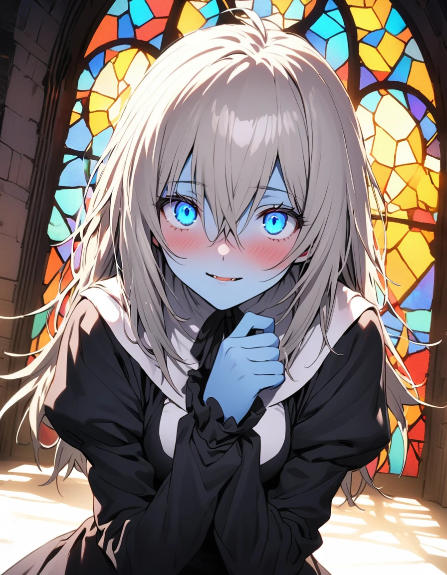 masterpiece,High resolution,8K,Detailed anatomy
(1 female)((18-year-old,Blue Skin))
(Slim figure,Medium chest)
(Long silver hair,Hair between the eyes,Messy Hair)
(輝くBlue Skin,Beautiful Blue Eyes,Glowing Eyes,Big eyes,Long eyelashes) church,Stained glass,Fantastic World ((Nuns,Black clothes))blush,Embarrassing