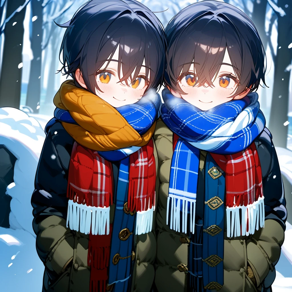 Two boy, Wearing scarves, winter, they are going out, bust up!!!They look at each other, smile 