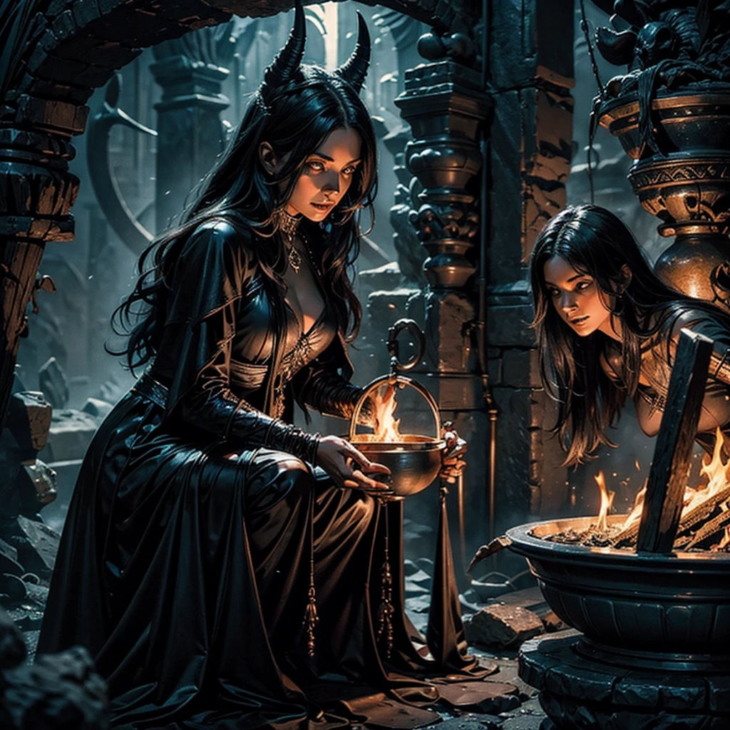 (Extremely detailed Cg Unity 8K wallpaper,Masterpiece, Best quality, Ultra-detailed, Beautiful detailed eyes:1.2),Best illumination, (Best shadow, An extremely delicate and beautiful, full bloom), Mature woman,Vampires,Large breasts,leather clothes,complex patterns,magia,Film filter, Hellfire,full bodyesbian,demon,Flame,palaces,dramatics,dynamicposes,illusory engine, (High detail: 1.9),seele,the bats,crystal sphere,mystic symbols