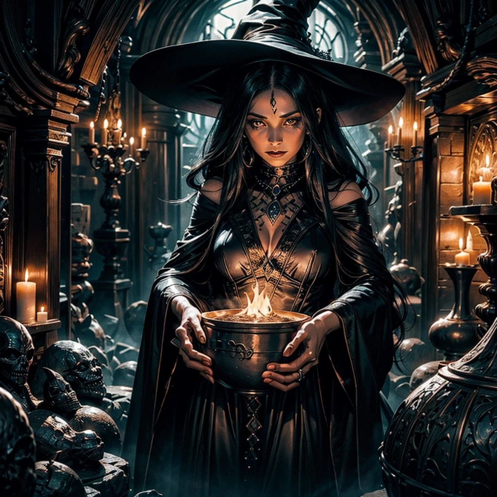 Detailed image of a mysterious witch woman invokes a demon that emerges from a cauldron, the witch has long, black hair and deep eyes, in the background there are mysterious mummies hanging on the wall