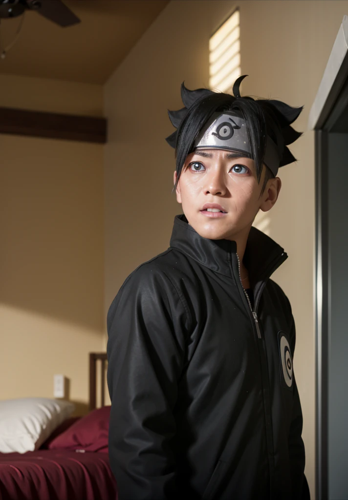 uzumaki naruto, One boy, Male Focus, masterpiece, Highest quality, (Portraiture, close), Looking at the audience, Shadow and Light, Blurred foreground, Symbol of Konohagakure, indoor, Water Drop, Red eyes, black sclera, On the bed, Cold bloodthirsty smile,