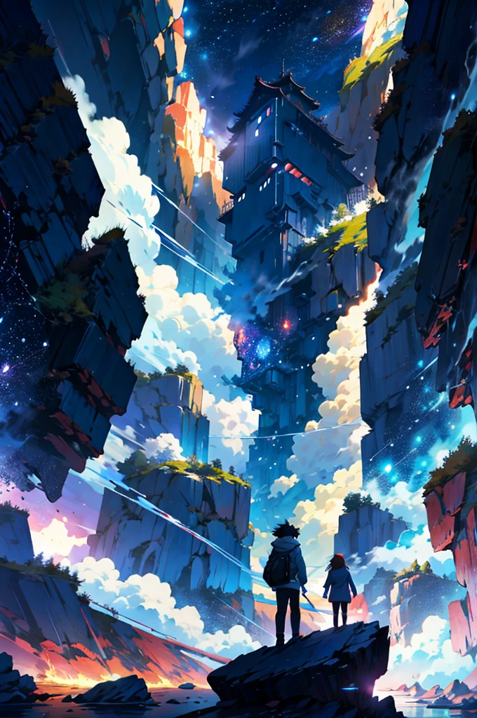 Anime girl standing on a rock looking at the star-filled sky, 新海誠 anime art wallpaper 4k, anime art wallpaper 4k, Anime Art Wallpapers 8K, Space Sky. Por Makoto Shinkai, Inspired by Cyril Rolland, Not Dan Mumford-style artwork by Yuumei