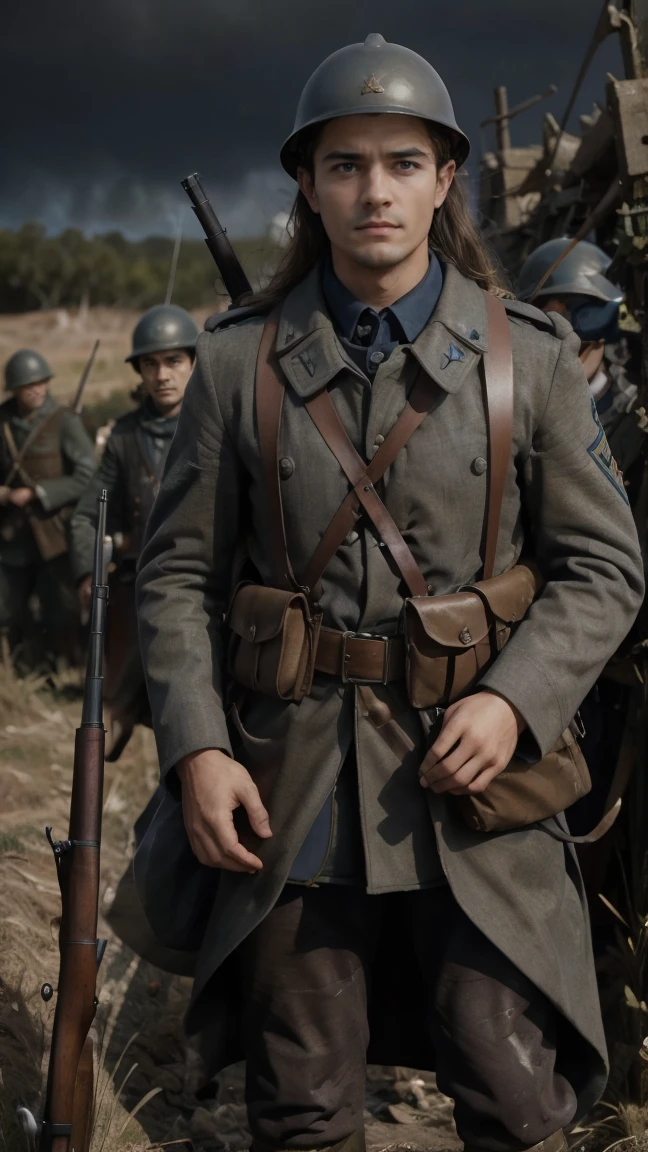 (masterpiece), best quality, expressive eyes, perfect face, All quiet on western Front, man, trenches, dirty, uniform, realistic, HD, Rifle, Orlando Bloom, big bag, French army, regiment, France, defending position, pov, Far view, shot, shooting, fighting, aiming gun, rains, battlefield, waiting, nighttime, artillery bombardment, explosive, panic