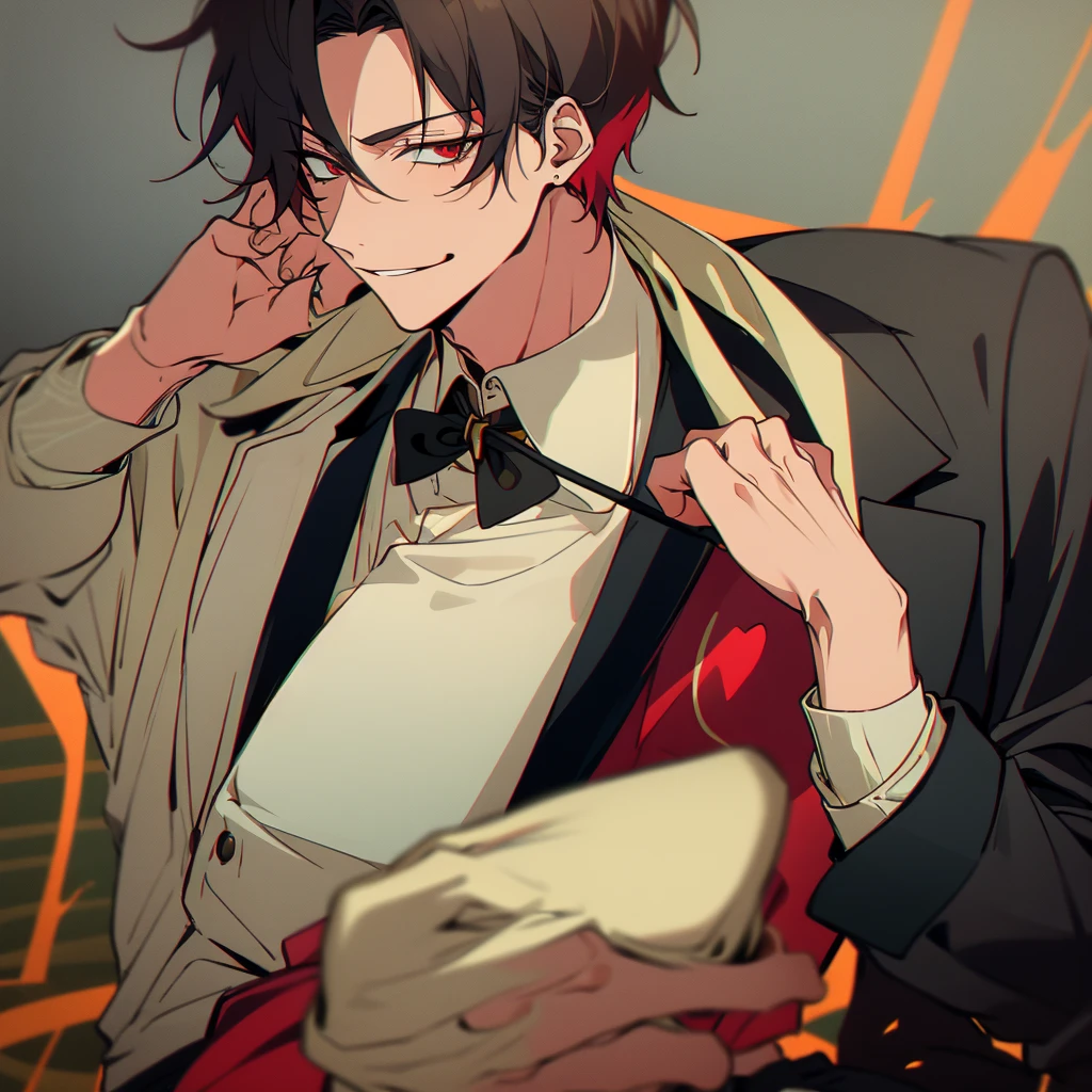 Male young man on his mid 20's, dark hair, pale skin, cunning smile, fancy clothes, gambler, vegas inspired, cards on his hand, poker player, las vegas inspired, cyberpunk las vegas, gold details, flamboyant and extravagant, short hair, handsome, bishonen, smug, sassy, red eyes, red and black clothes