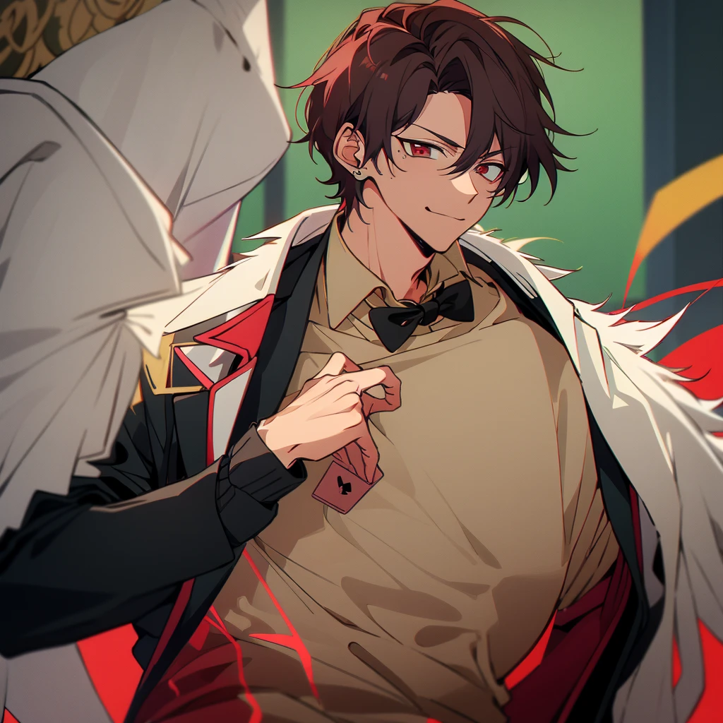 Male young man on his mid 20's, dark hair, pale skin, cunning smile, fancy clothes, gambler, vegas inspired, cards on his hand, poker player, las vegas inspired, cyberpunk las vegas, gold details, flamboyant and extravagant, short hair, handsome, bishonen, smug, sassy, red eyes, red and black clothes