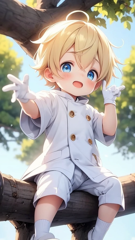 Beautiful cute little boy with yellow hair, blue eyes, he is wearing a white coat and white shorts He's on top of a tree  He's wearing a glove 