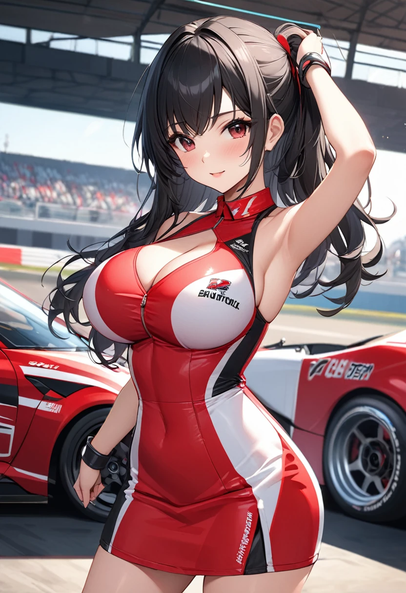 Beautiful busty female race queen, aged 18, long black hair, short dress red race queen outfit, 32k resolution 