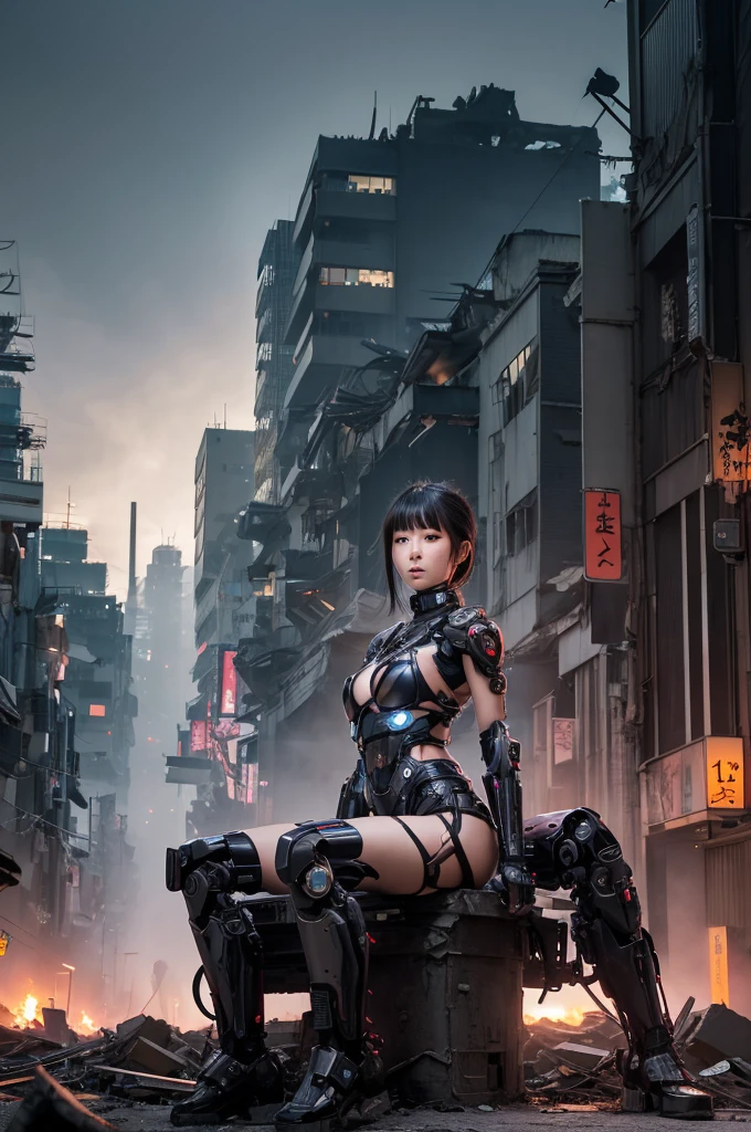 Highest quality,Very sophisticated beautiful Japanese cyborg girl, She spreads her legs and shows her vagina in front of the destroyed, dark and foggy city of Kyoto、Mechanical chest、 Bionic body with futuristic details. (A highly sophisticated cyborg with his arms folded in front of a destroyed city, Bionic body with futuristic details.)